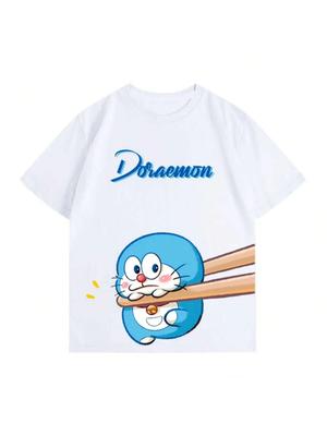Minisos Women's Tops Doraemon Cartoon Q Version Solid Color Print T Shirt Trendys Summer Casual Short Sleeve Daily Clothing Tees