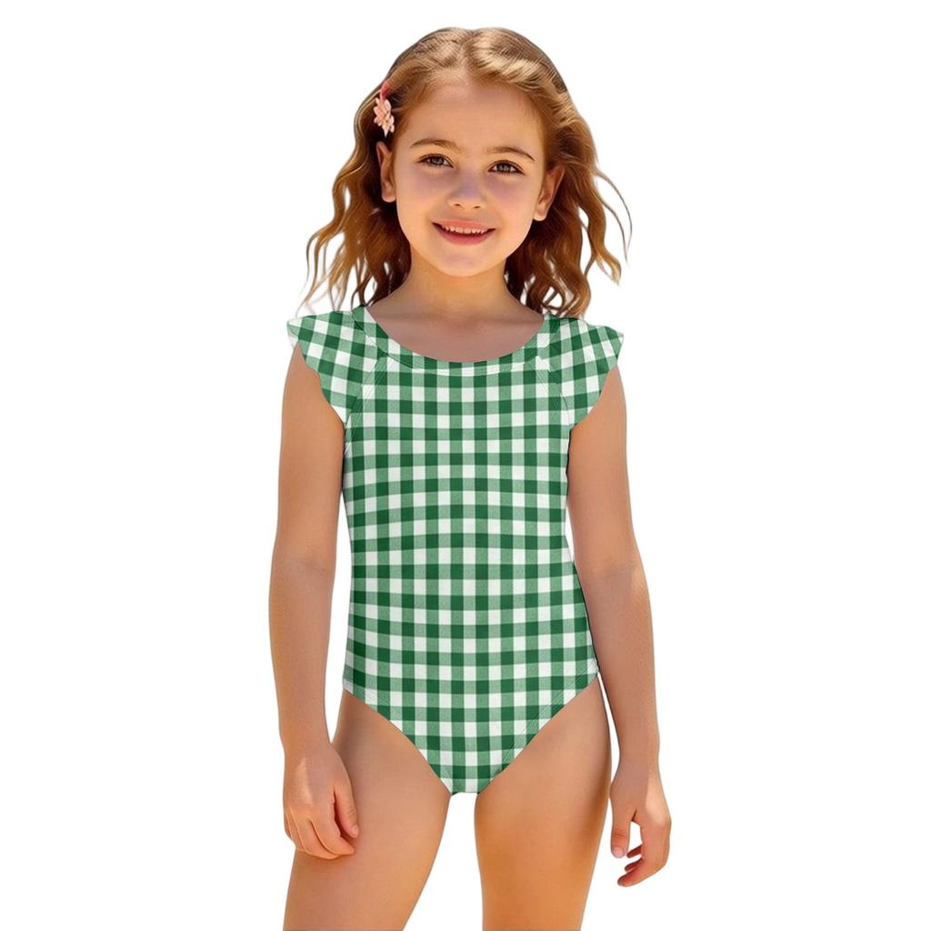 Girls One Piece Swimsuit Plaid Print Sleeveless Ruffled Shoulder Swimwear Kids Casual Summer Bathing Suit