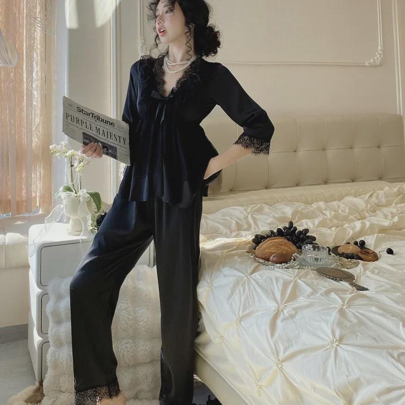 "Letní pyžamový set z ledového hedvábí": Dámský top s 3/4 rukávem a kalhoty se saténovou krajkou, princeznovský styl"