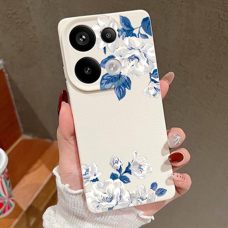 White Gardenia Floral Pattern Case For Xiaomi 14T 13T 11T Pro Funda Redmi Note 14 13 12 11 Pro 5G 4G Leather Texture Silicone Cover