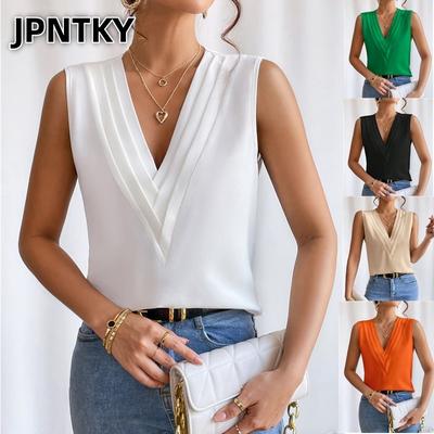 JPNTKY Dámské Módní Ležérní Jednobarevné Potisk Bez Rukávů Výstřih do V Halenky & Košile