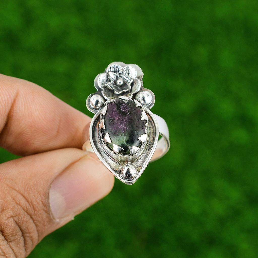 Gift For Her Natural Ruby Zoisite Multi Stone Flower Adjustable Ring 925 Silver