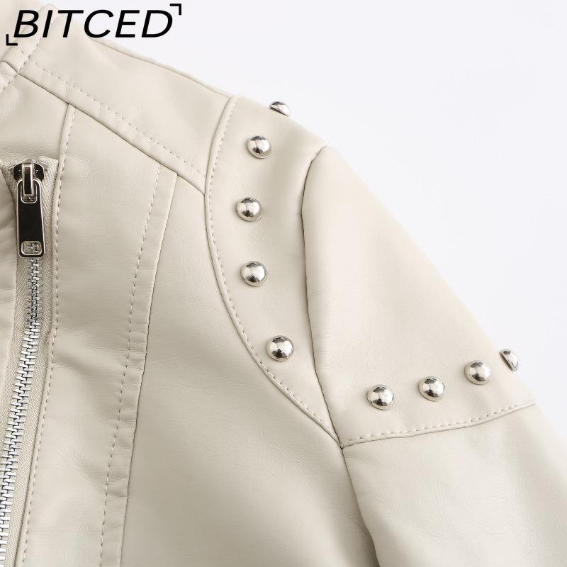 BITCED Studded Fashion Stand Collar Leather Jacket for Women - Solid Colour Spring/Autumn Outerwear - Studded Leather Jacket