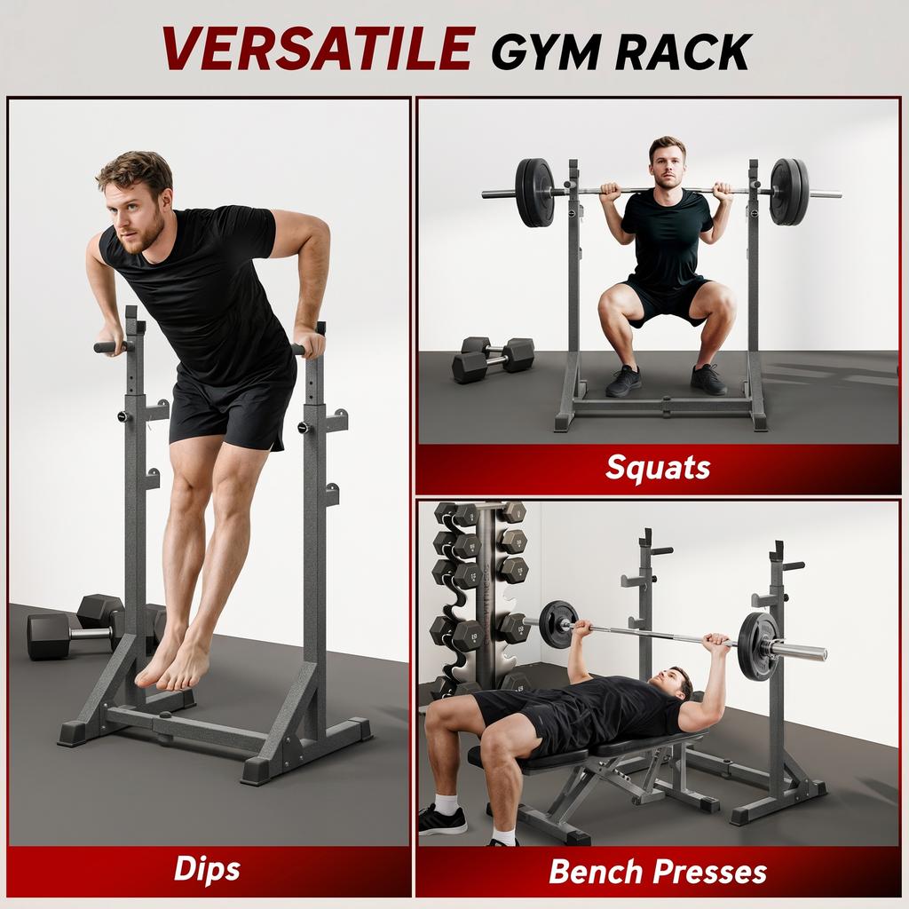 Heavy Duty Barbell Squat Rack Adjustable And Multifunctional Weight Power Stand For Home Gym Black