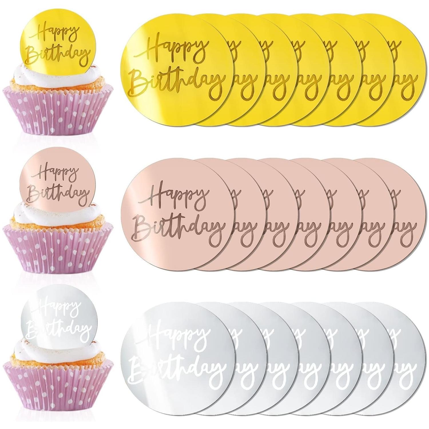 

21Pcs Happy Birthday Cake Disc Acrylic Cupcake Toppers, Mirror Acrylic Cake Topper for Birthday Party DIY Cupcake Decorations