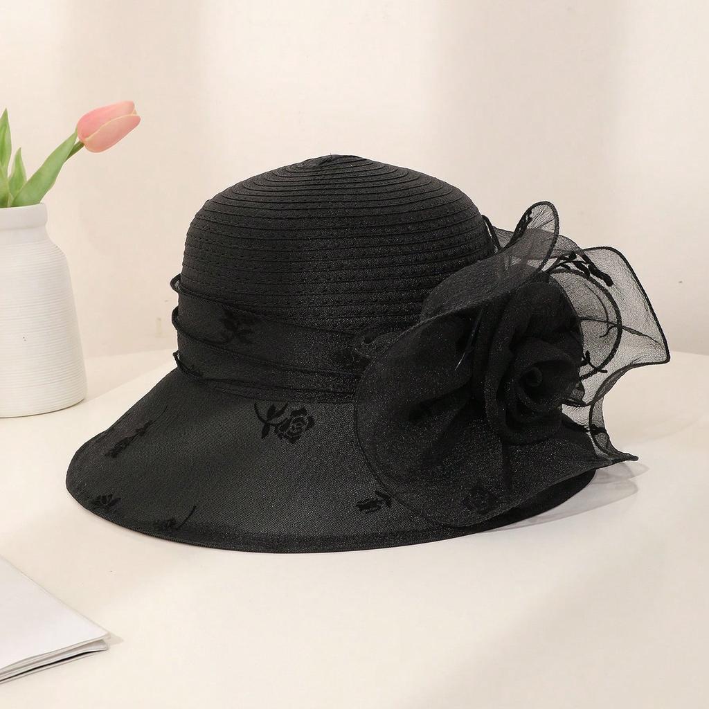 New French organza mesh flower hat summer fashion trendy brand sunscreen sunshade big eaves hat retro elegant millinery hat