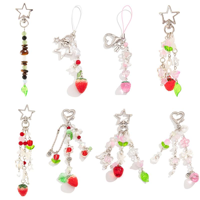 Y2K Sweet Strawberry Keychain Tassel Phone Strap Keyring Key Holder Girly Bag Hanging Decoration Key Accessories