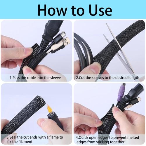 Josnown Cable Cover, Keep Your Cables Organized, Hide Untidy Wires, Braided Wire Jacket 3m Length, Expandable Diameter, Holds 3-5 Wires, Black