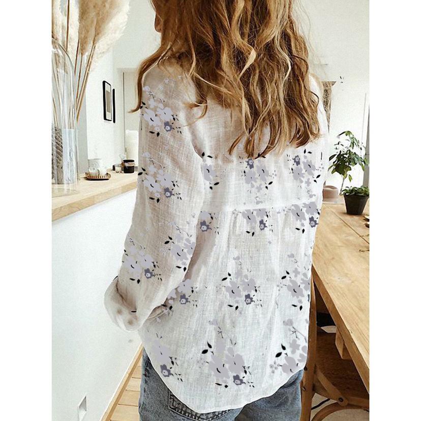 Spring Fall Floral Print Blouse Women Plus Size 5XL Long Sleeve Lapel Button Up Top Casual Cotton Linen Shirt