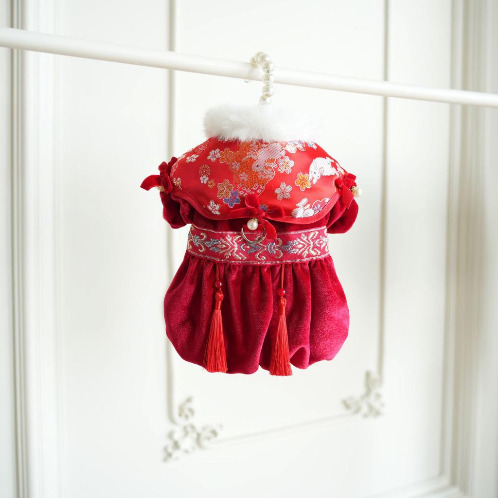 Pet Clothes Christmas Plush Dress Compared To Teddy Bear Autumn/Winter Five Flower Collar Tang Dress Wedding Cat Red Dress