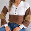 Autumn and Winter Casual Button V-neck Cut-out Color Lantern Sleeve Pullover Sweater Women's Wear