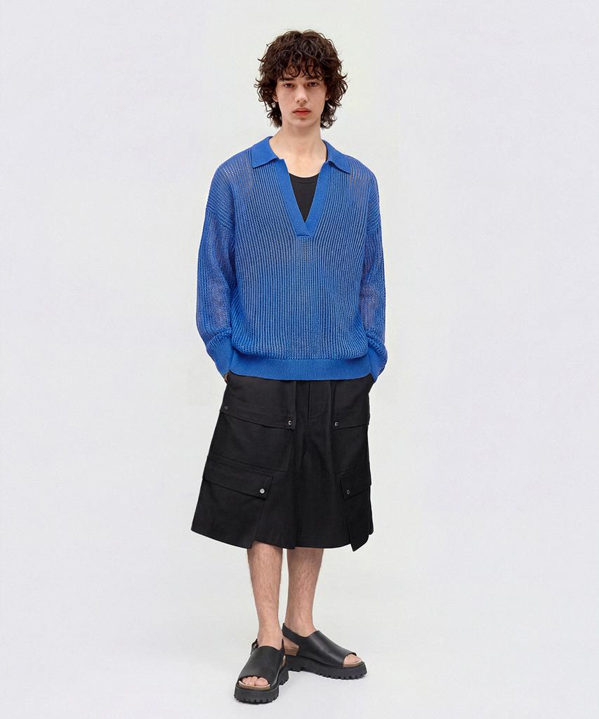 CUTZ Mesh Boucle Open Collar Pullover (Blue)