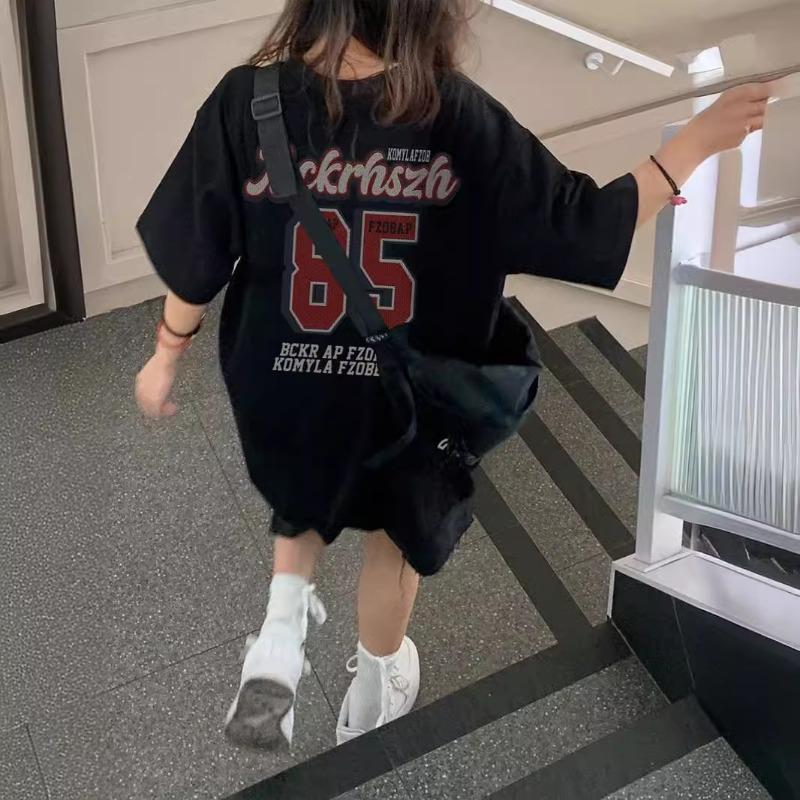 

Летняя хипстерская футболка из хлопка свободного кроя с принтом букв, женская футболка с коротким рукавом в стиле Харадзюку Y2K, пуловер, топ, подходящий ко всему M чёрный