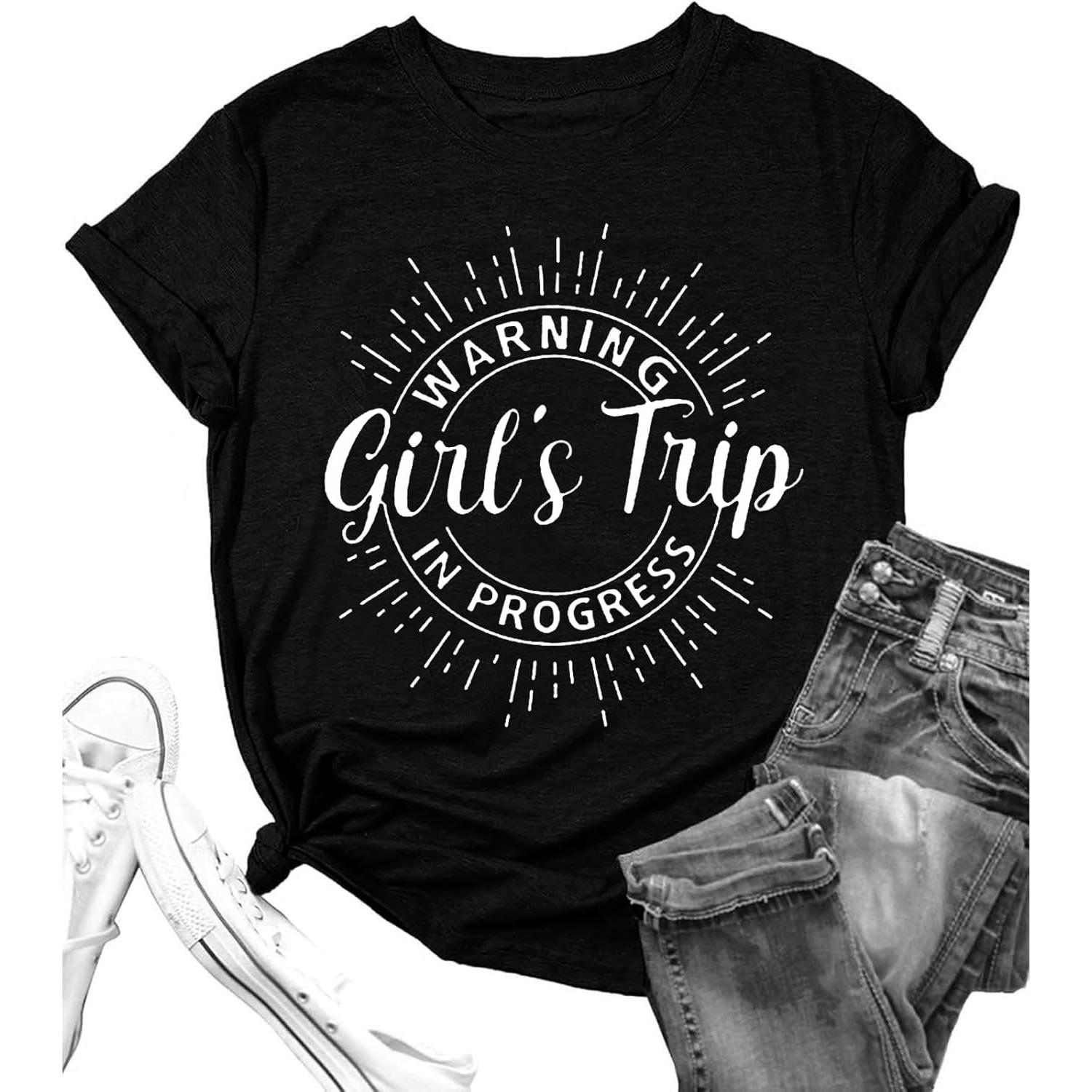 Women s Casual Warning Girls Trip in Progress T-Shirt Casual Crewneck Short Sleeve Graphic Tee S чёрный