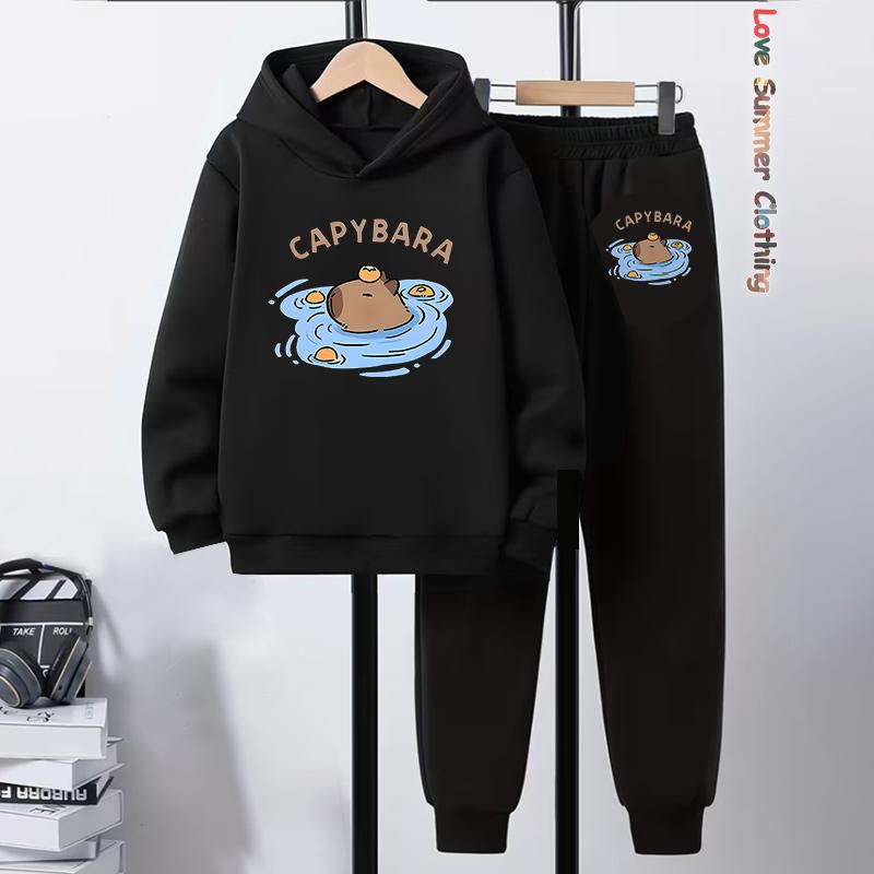 Capybara Hoodie 2pcs Boys Kids Cozy Outfit Capybara Playwear Machine Washable Sports Active Boys Perfect Outdoor