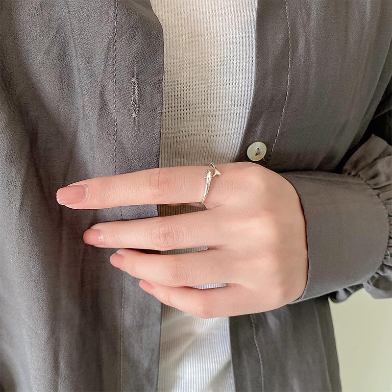 Banyan Tree S925 Sterling Silver Korean Polished Dolphin and Fish Open Ring