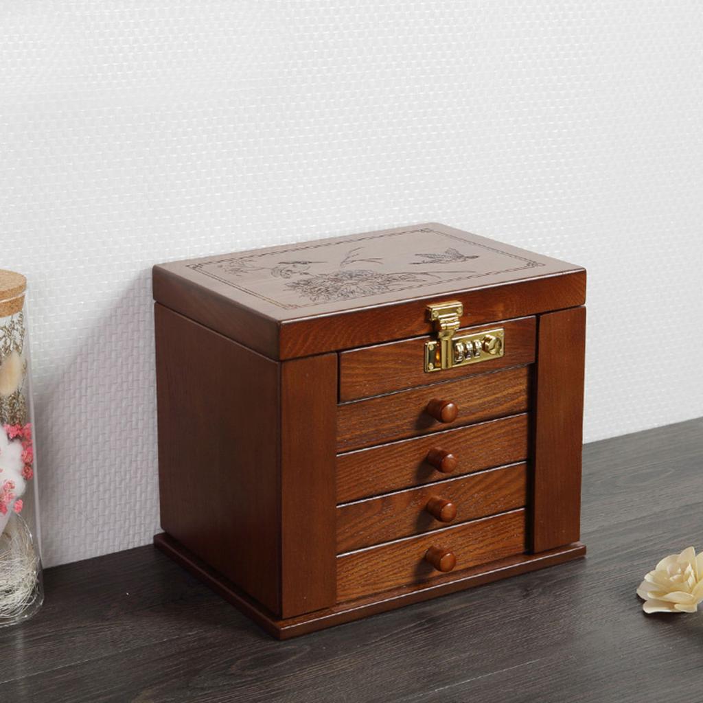 Rustic Jewelry Storage Organizer Box with Combination Lock, Tabletop 10.8x7.5x9 Inches, Multi-Compartment for Rings Earrings