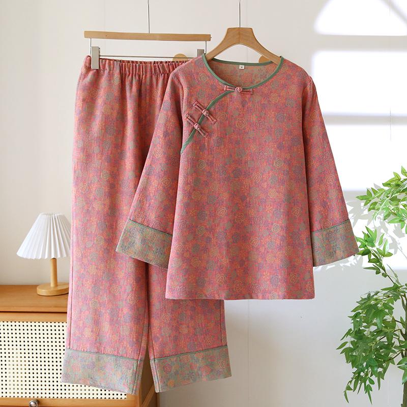 Женская пижама из чистого хлопка, двухслойная марлевая - Весенне-осенне-летняя тонкая модель, Национальный дизайн, рукава и брюки длиной 9/10 XL