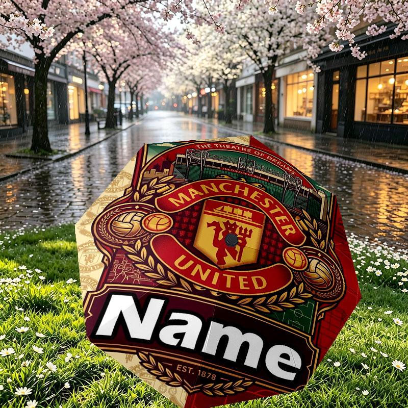 Custom Name Personalized Manchester United Print Umbrella, Auto Open Close, 8‑Rib Sturdy Frame, Commute Camping Hiking Use, Birthday Gift