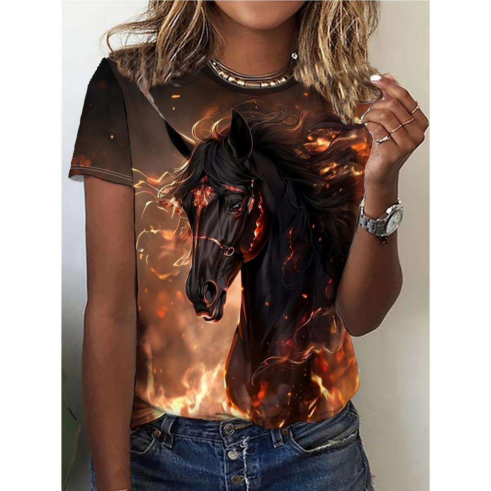 Women s Tee Fiery Black Horse Graphic, Bold Flame Animal Design for Casual Daily Wear S