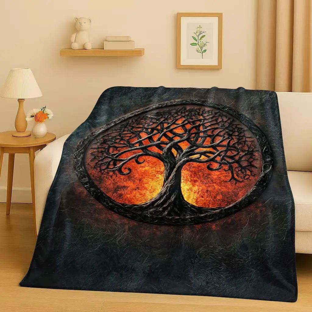 HD Retro Colorful Tree of Life Yggdrasil Celtic Rune Flannel Blanket,Ultra Soft Plush Throw for Home Bedroom Bed Sofa Cover Kids