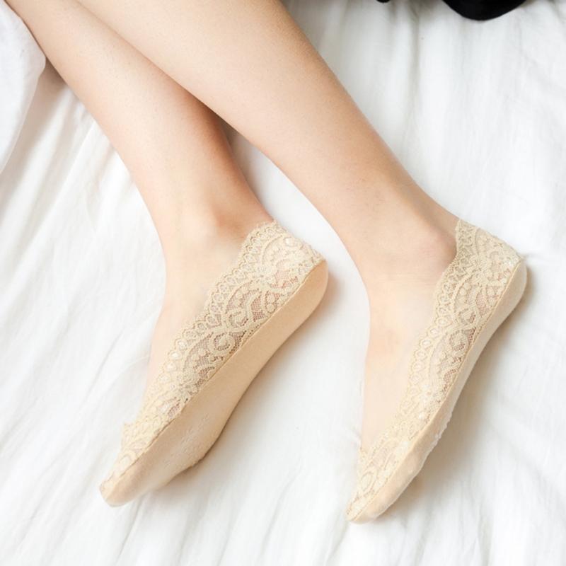 5 Pairs Breathable Ice Silk Invisible Socks For Women Antislip Lace Low Cut Socks Casual Shoes Accessories