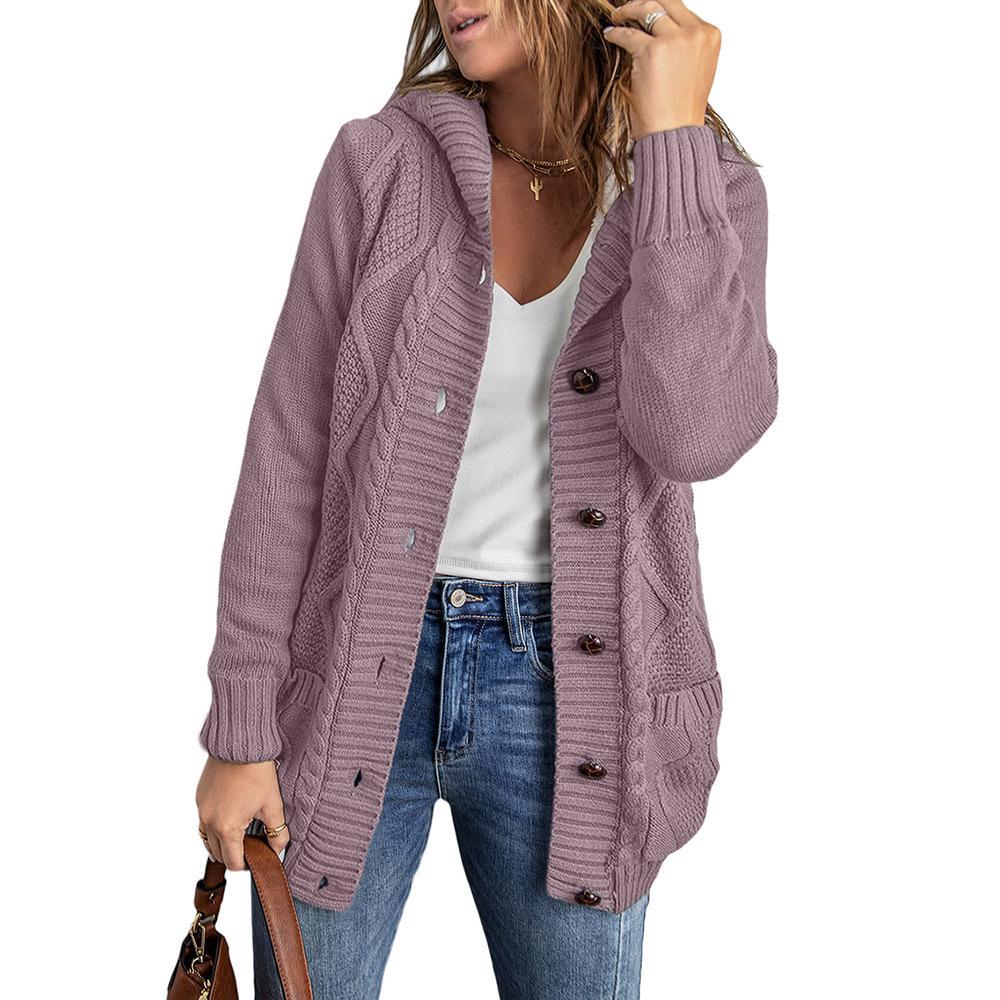 European American Winter Women's Solid Knit Cardigan: Casual Versatile Single-Breasted Multi-Button Warm Jacket
