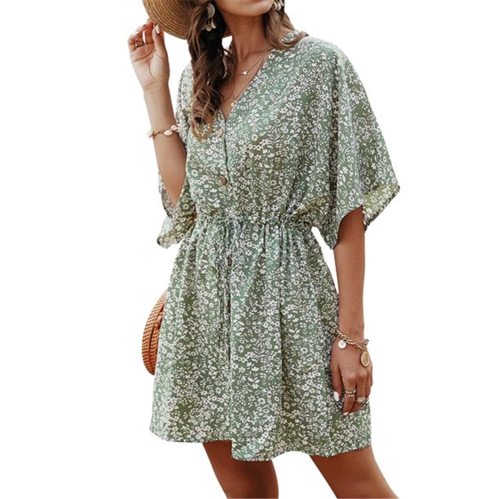 ZXZY Vestido de Mujer Estampado con Botones y Lazo en la Cintura de Manga Corta