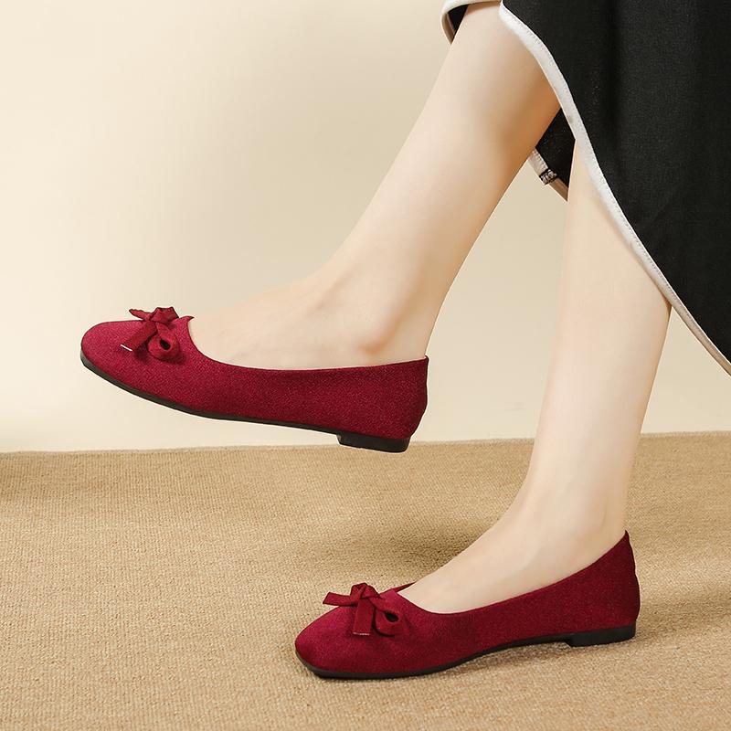 Plus Size 41 42 Low Heels Shoes for Woman Spring Autumn Square Toe Shallow Mouth Bow Soft Slip Non-Slip Women's Zapatos De Mujer