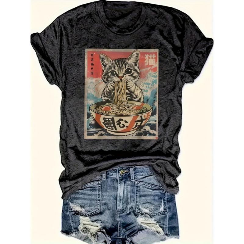 Women s retro cartoon cat eating Lamian Noodles cartoon printed T-shirt S