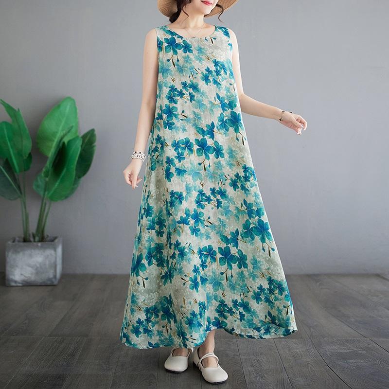 Sleeveless Plus Size Cotton Vintage Floral New In Dresses for Women Casual Loose Long Summer Dress