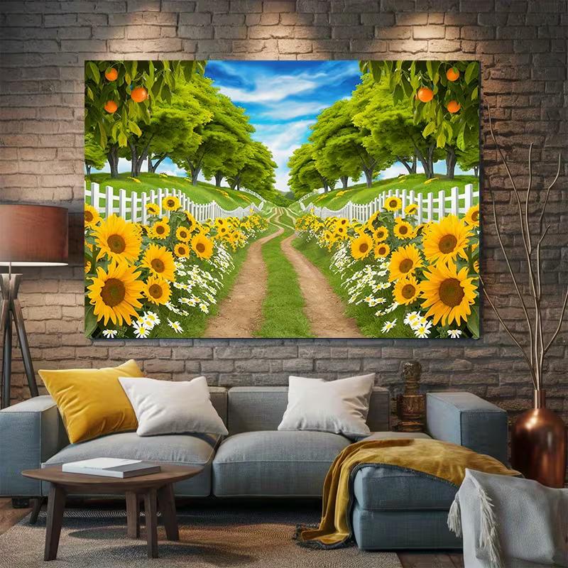 2D Printed Backdrop with Sunflower-Lined Country Road, Green Trees and Orange Orchard