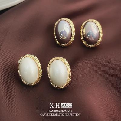 Eleganti Orecchini Ovali con Perle Geometriche Retrò Francesi per Donna