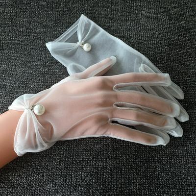 Hochwertige Chiffon Hochzeits-Handschuhe Weiß Kurz Schleife Perle Finger Damen Brauthandschuhe Hochzeitsfeier Accessoires