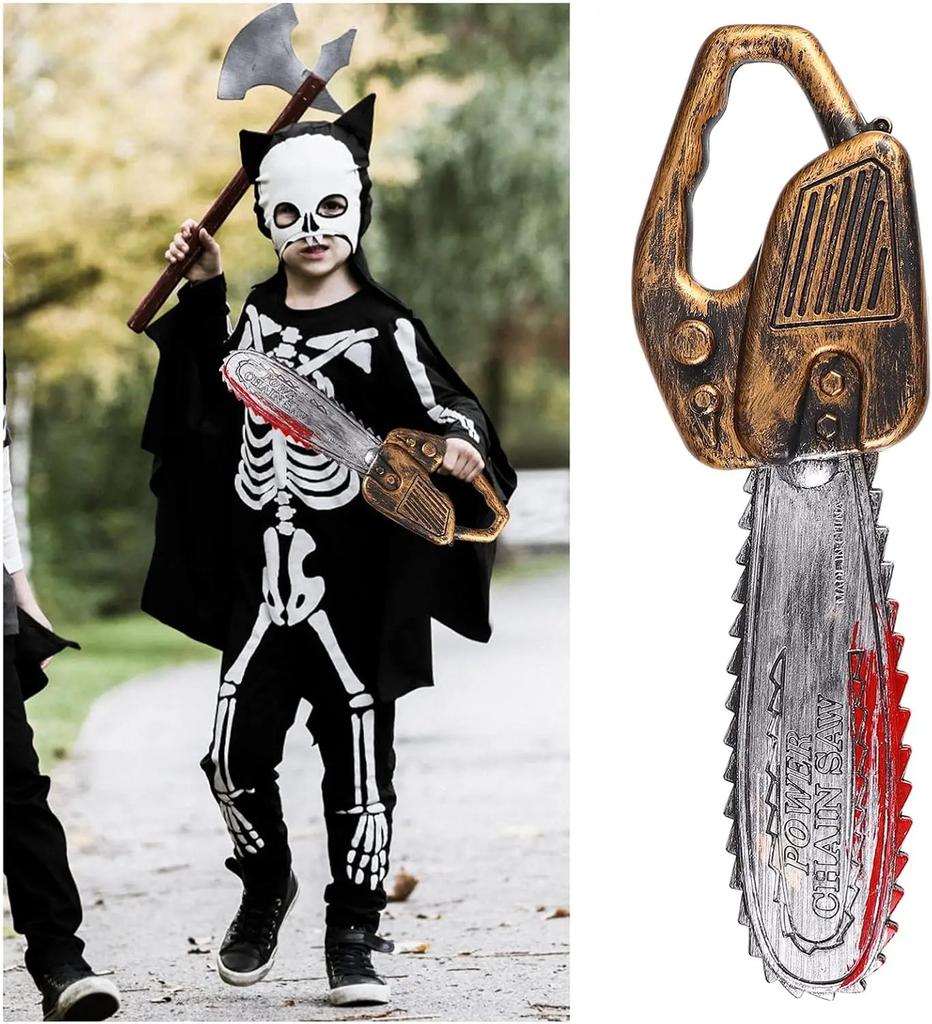 Realistic Fake Chainsaw Prop - Plastic Halloween Toy with Blood Effects, Creepy Prank Decor for Haunted House Parties