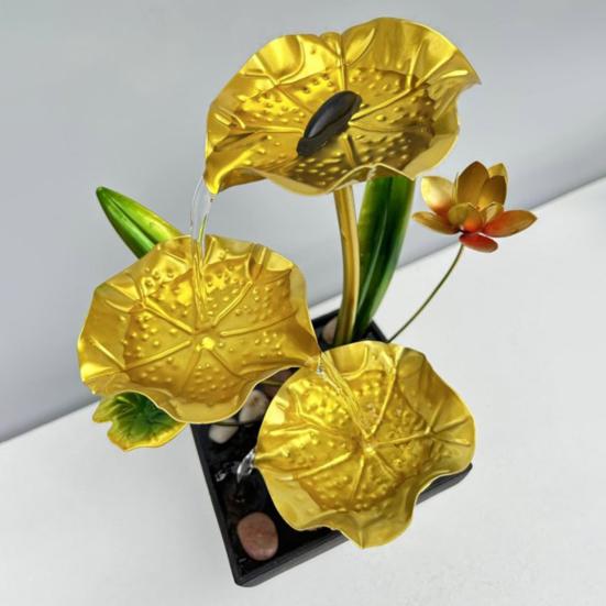 Golden Lotus Leaf Fountain Decoration 3-Tier Indoor Flower Leaves Relaxation Waterfall Fountain Fish Tank Home Office Living Room Desktop Fengshui
