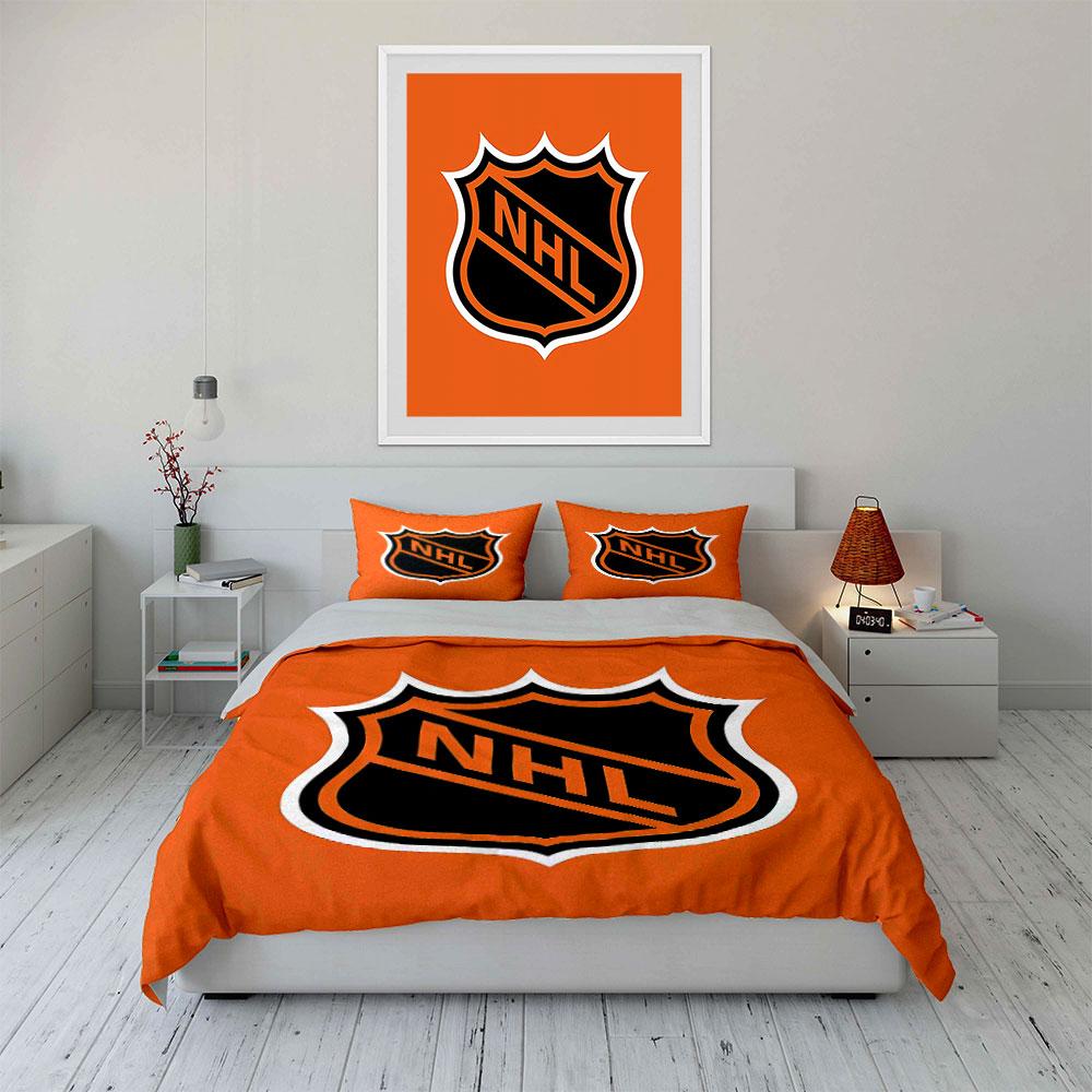 Set Biancheria da Letto Logo NHL Arancione Set Copripiumino Copripiumino Federe (1 * Copripiumino 2 * Federe, senza piumino)