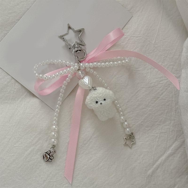 Fashionable Faux Pearls Bowtie Charm Stylish Bowknot Ribbon Keychain Bag Ornament Jewelry for Purses and Accessories