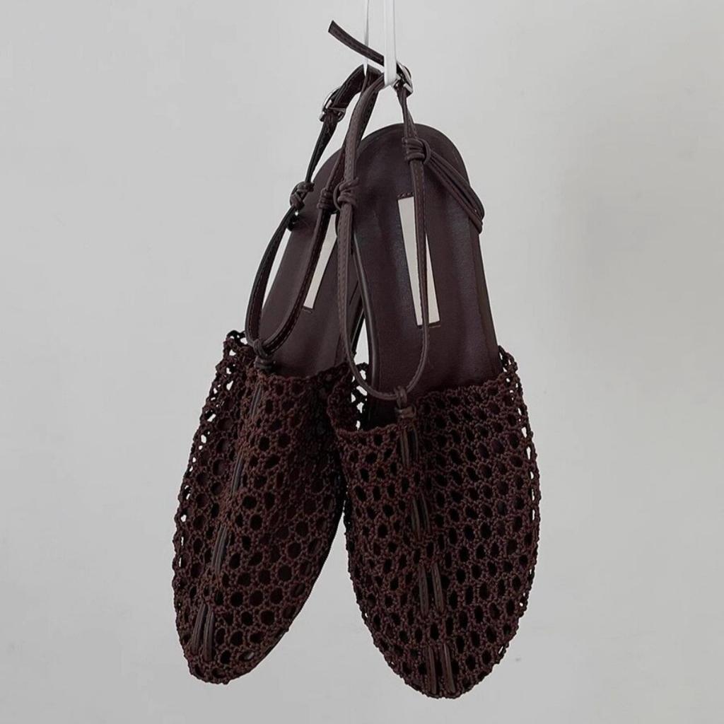 Sheepskin Version~ Niche Retro Woven Roman Shoes One-word Buckle Flat Bottom Fishing Net Bag Head Sandals Women Wear Half Slippers