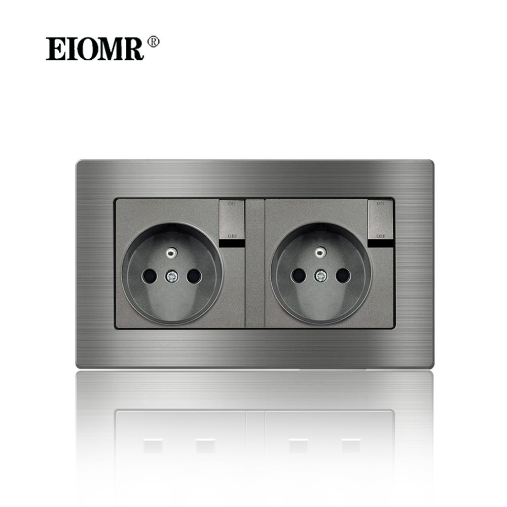 EIOMR France Standard Electrical Socket Grey Aluminum Alloy Panel Light Switch Rj45 Tv 220V 16A Wall Outlets for Home Appliance