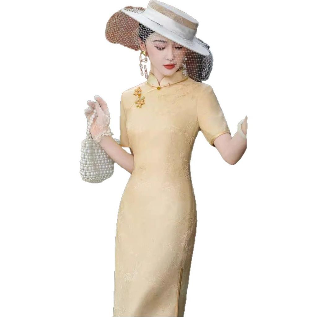 High-end mulberry silk cheongsam 1011 new retro new Chinese silk elegant temperament long bridal wedding dress