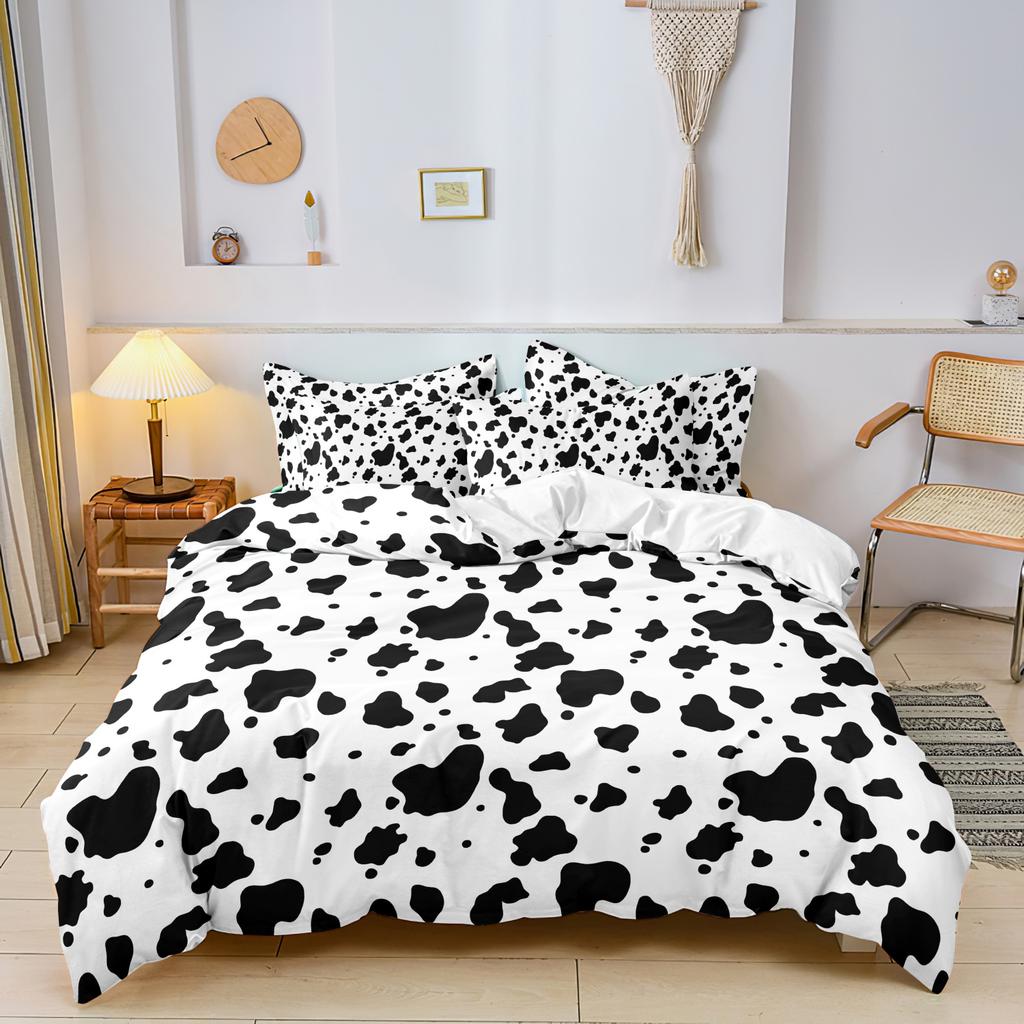 3 Pieces White Base Classic Black Cow Spotted Duvet Cover Set, Simple Cowhide Animal Print Modern Minimalist Bedding