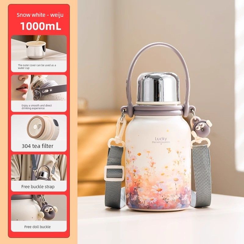German Imported Large-Capacity Thermos Water Bottle, High-Quality Stainless Steel Tea Brewing Cup for Girls, Stylish and High-End Student Water Cup