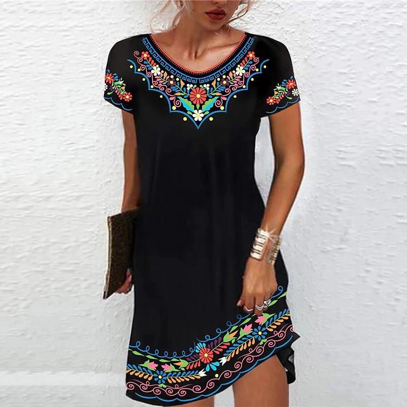 Europe America Station Mid-waist Printed Urban Casual Short-sleeved Dress