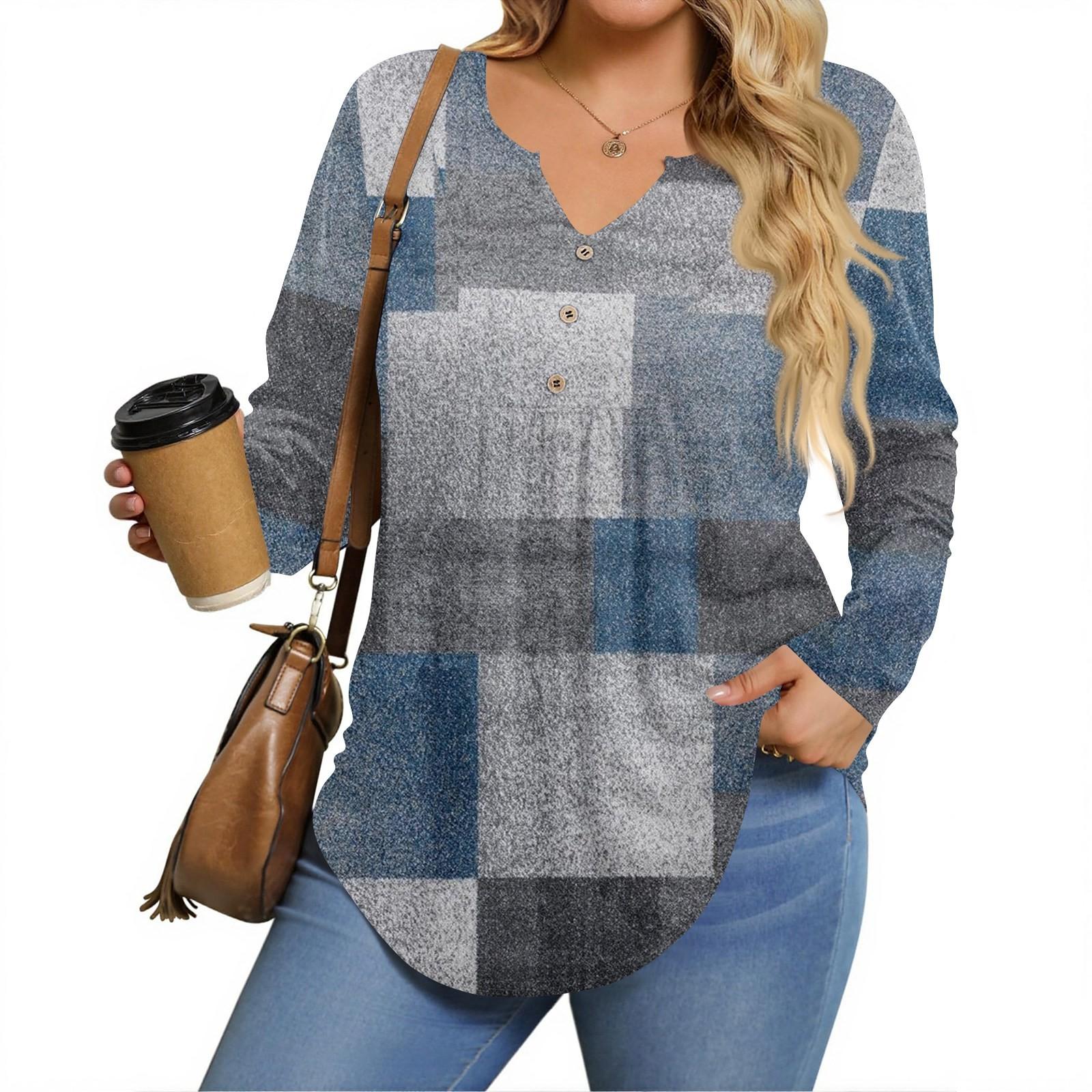 

Женские рубашки больших размеров с длинным рукавом, туники с V-образным вырезом, базовые футболки свободного кроя XXXXXL синий