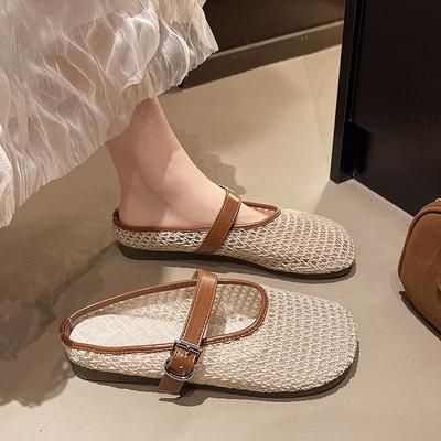 Franse platte tas hoofd en halve pantoffels voor dames zomerkleding 2025 veelzijdige rok mesh ademende sandalen dikke zool