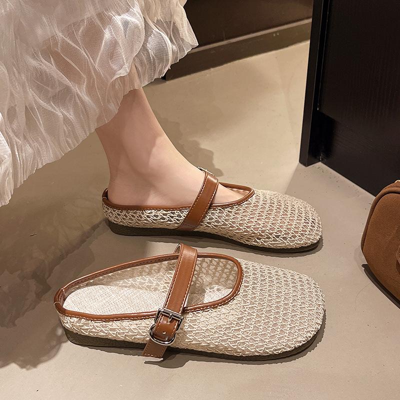 French flat-bottomed bag head and half slippers for women's summer wear 2025 versatile skirt mesh breathable sandals thick bottom