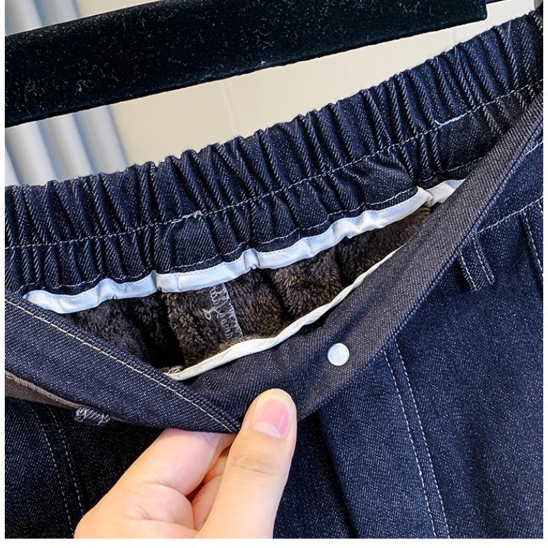 DIMANAF 2025 Outono Inverno Jeans Tamanho Grande Espessos com Forro Novo Mulheres Azul Vintage Algodão Denim Calças Compridas