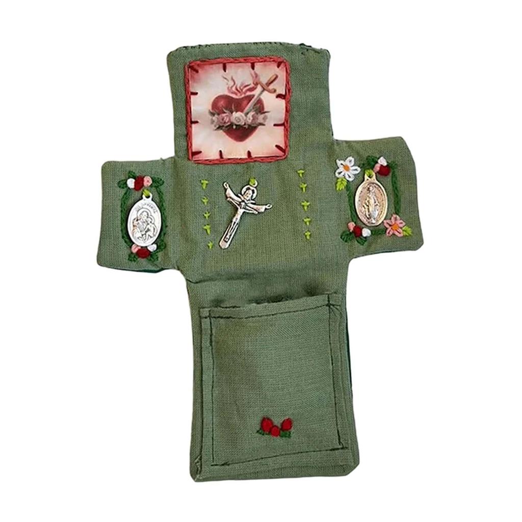 Cloth Pocket Prayer Shrine with Cross Portable Remembrance Ornament Miniature Travel Spiritual Gift for Family