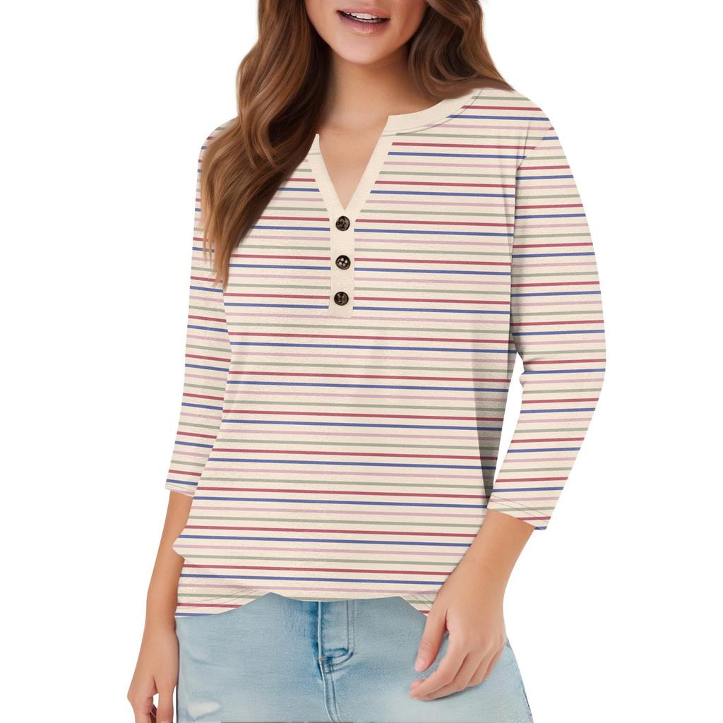 Women's Fashionable Casual 3/4 Sleeve Button Print V-Neck Pullover Top